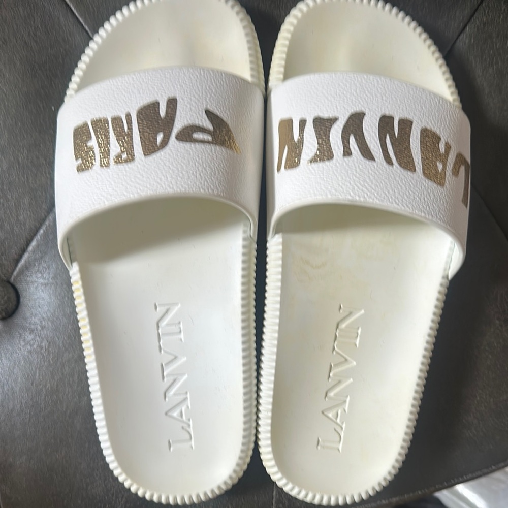 Lanvin White Slides with Gold Logo